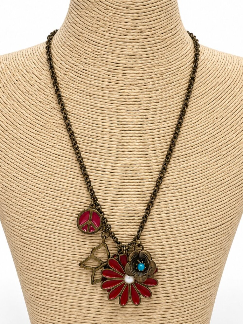 Antique Gold Tone Floral Peace Sign Charm Necklace Red Turquoise